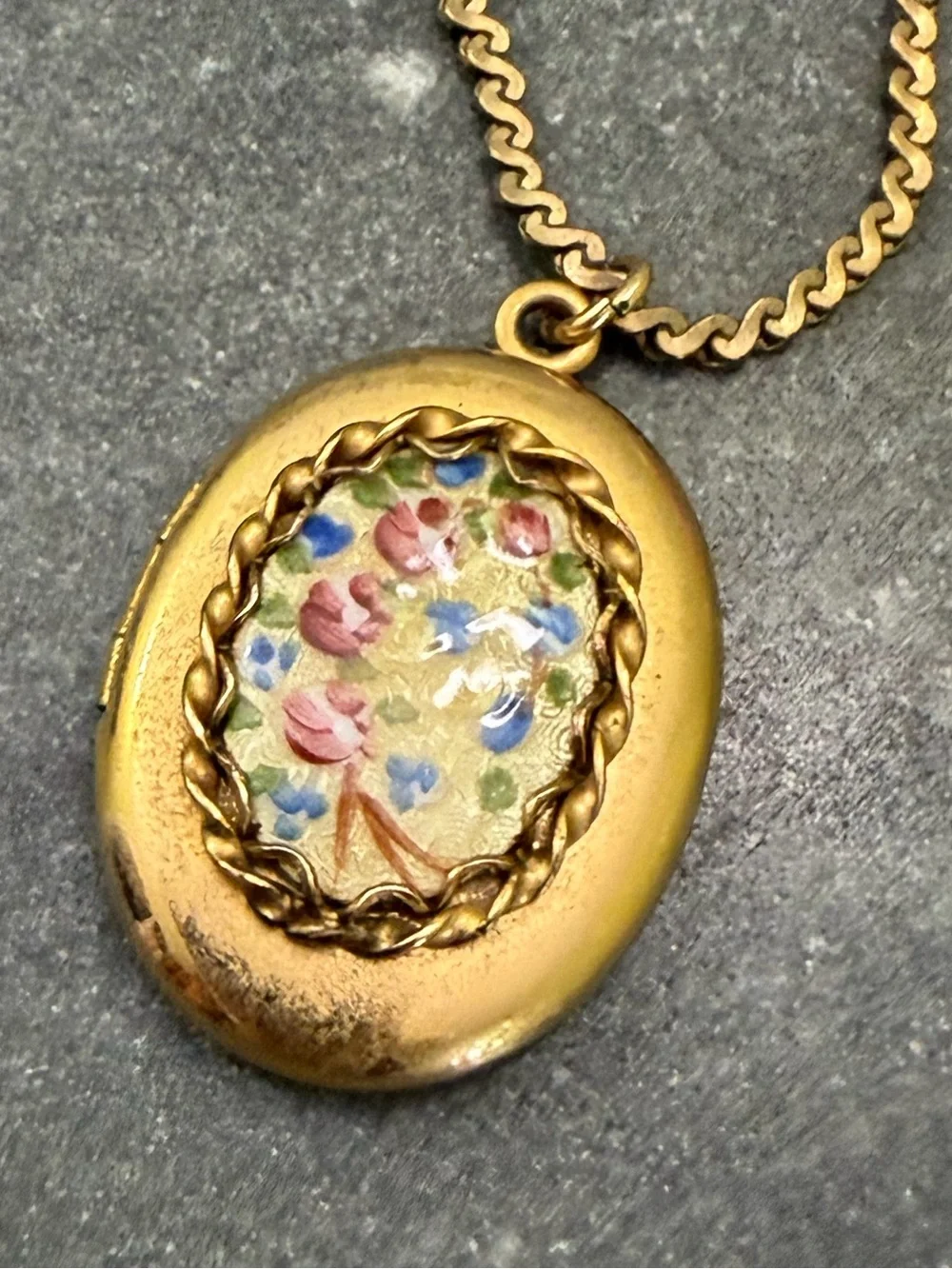 Vintage 14 Karat Gold Filled Floral Guilloche Enamel Locket Necklace